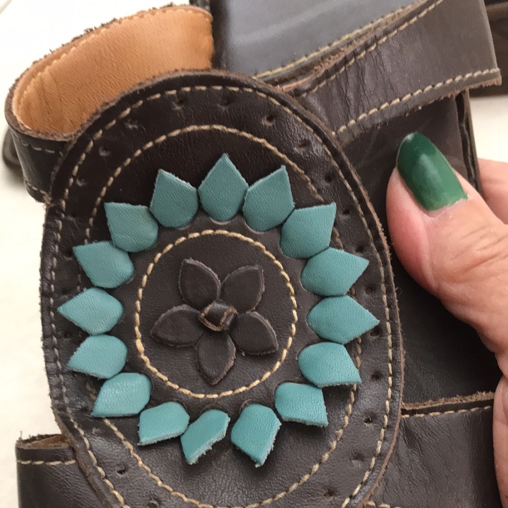 Women's Brown Leather Slide Sandals with Teal Floral Accent - Picture 2 of 10